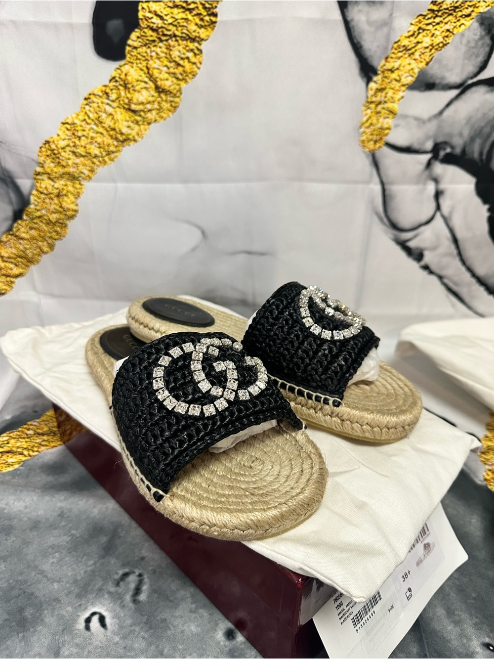 Gucci Black Braided Slide Sandals with Crystal Logo Accent Size 38.5 with box